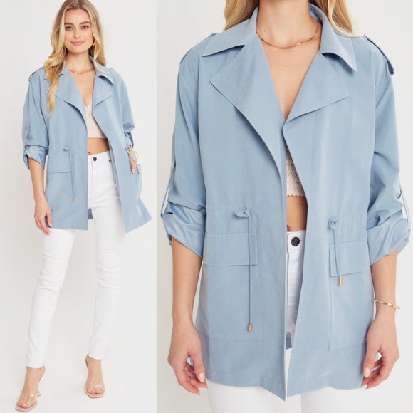 NEW Oversize Collar Drawstring Waist Pockets Open Front Light Weight Jacket Blue - Picture 8 of 8